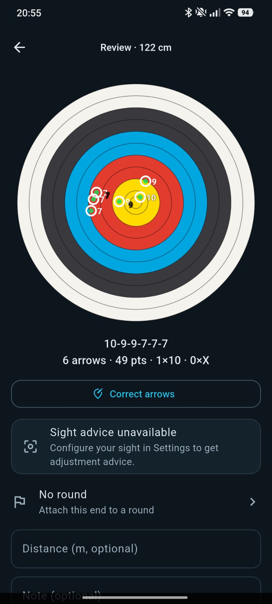 RingShot Scorer review screen showing six detected arrows on a target face