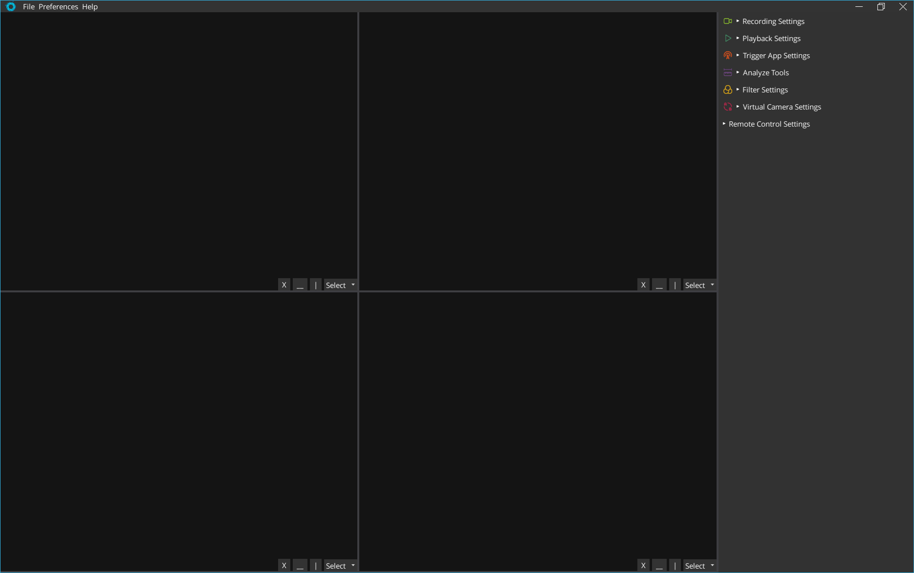 RingShot main interface showing 4-camera viewport grid and settings sidebar